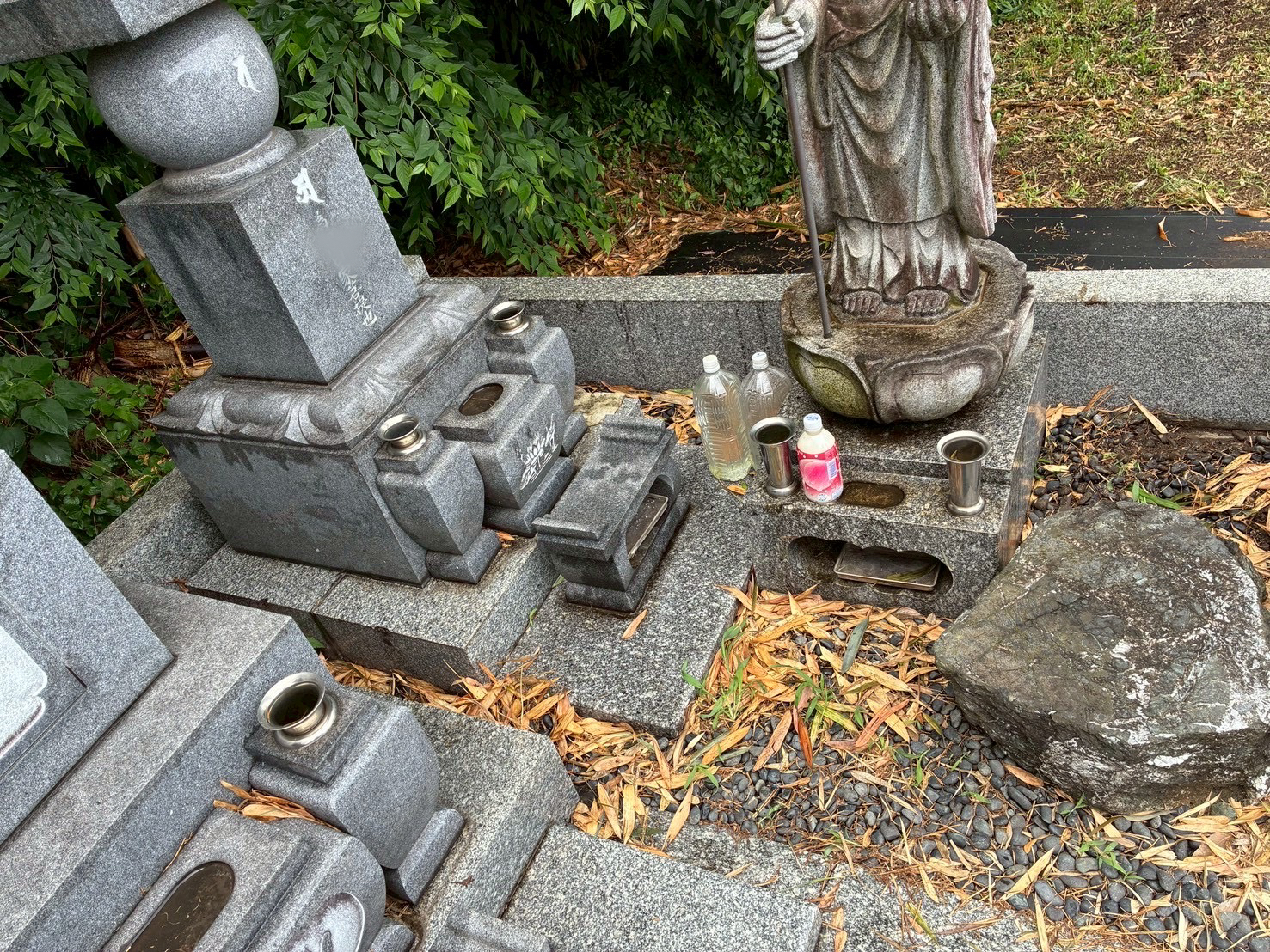 玉砂利の間から生えた雑草。笹の葉が砂利に絡んで、抜きたくても抜けない状態でした