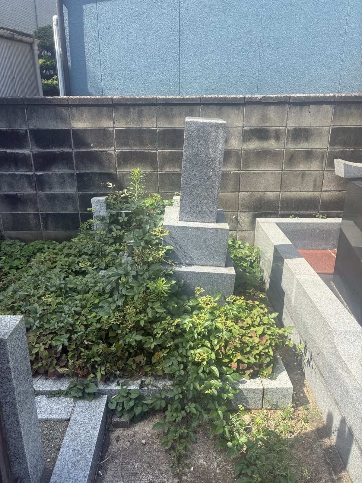 後ろへ大きく傾いた施工前の石塔を横から見たところ
